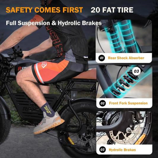 Full-Suspension 20″ Fat Tire E-Bike — All-Terrain Power with Removable 48 V 13 Ah Battery